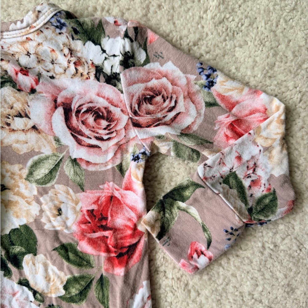 Posh Peanut Floral Footie Ruffled Zippered One Piece in Pink, Green, & Grey - Picture 11 of 12
